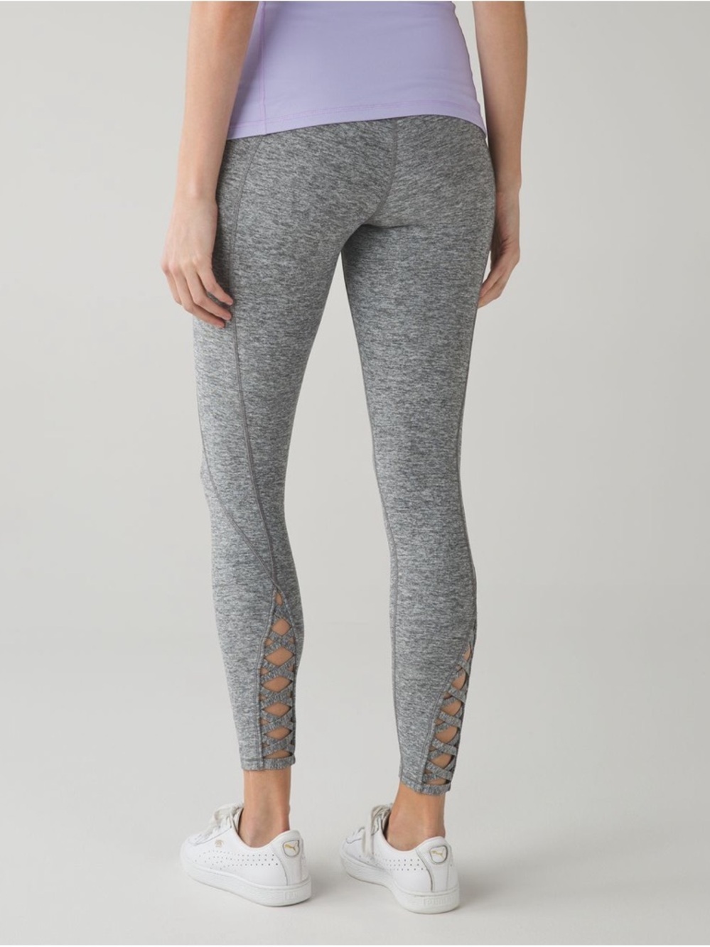 Lululemon pure practice Gray Leggings with lattice detail size 10